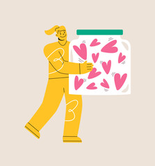 Woman holding in hands glass jar with hearts. Donation and charity concept. Colorful vector illustration
