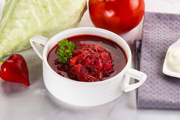 Borsch soup with cabbage and beetroot