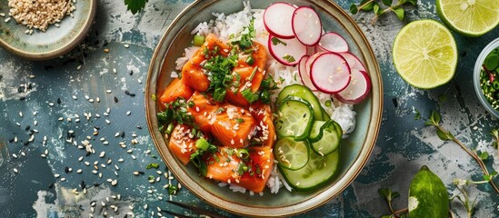 Hawaiian Salmon Fish Poke Bowl With Rice Cucumber Radish Sesame Seeds And Lime Buddha Bowl Diet Food