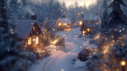 Fototapeta premium A cozy winter scene with illuminated houses nestled among snow-covered trees, as gentle snowfall creates a magical atmosphere.