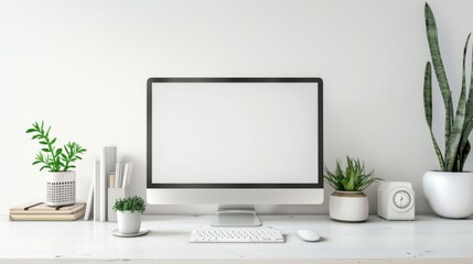 Fototapeta premium Workspace with a white background, featuring a modern monitor, keyboard, and mouse, arranged neatly