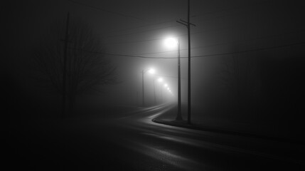 Curving Road with Misty Lamps