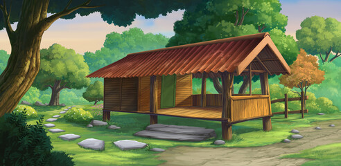 Illustration of a small hut in the garden next to the house.