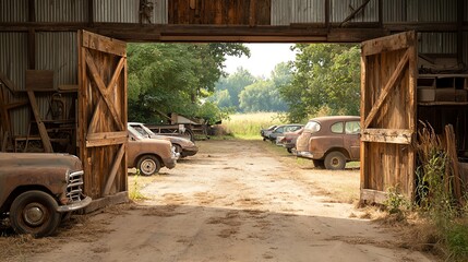 Fototapeta premium Barn doors open wide, revealing rows of well-maintained farm equipment, a blend of old and new