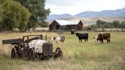 Cattle grazing near old, disused farm equipment, blending past and present