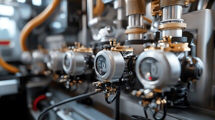 Close-up of hydraulic systems on modern farm equipment, clean lines and metallic surfaces