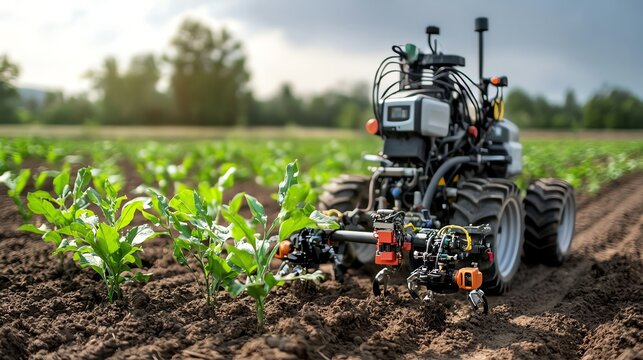 Close-up of modern GPS-guided planting equipment in action, precision agriculture