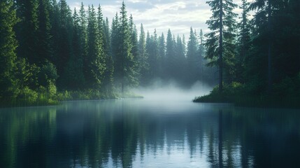 Fototapeta premium Serene forest scene with tall trees reflected in a misty lake, evoking tranquility and the beauty of nature at dawn.