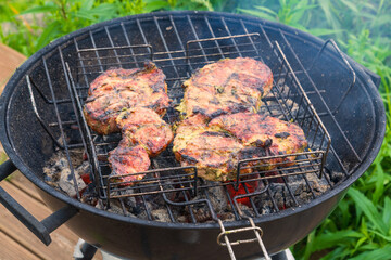 Juicy Marinated Pork Chops Sizzling on Barbecue Grill. Flavourful Meat Dishes for Backyard Cookout or Family Dinner