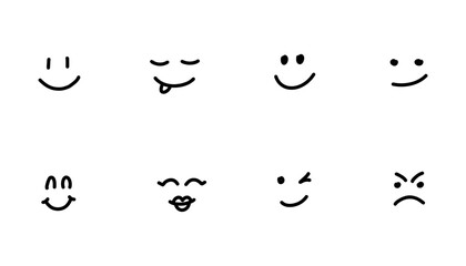 Simple Faces. Vector Happy Doodle Smile, cartoon emoticons set on White Background. Joyful and cheerful mood