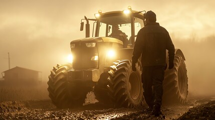 Farmer silhouetted by the headlights of a tractor working late into the night