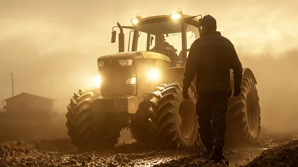 Farmer silhouetted by the headlights of a tractor working late into the night