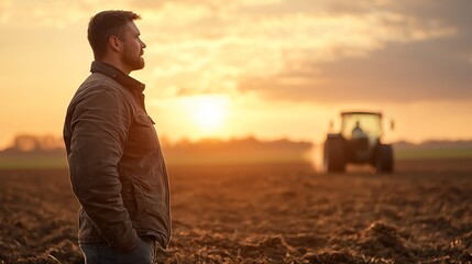 Farmer silhouetted by the headlights of a tractor working late into the night