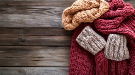 Top view of womenas winter wardrobe: cozy pullover, knitted scarf, and fleece-lined gloves on a wooden background. No people, no logo.