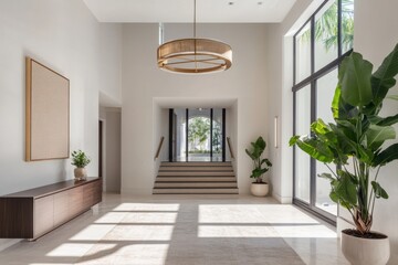 Fototapeta premium Chic modern foyer with a stunning light fixture and elegant decor in a contemporary home