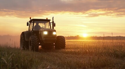 Naklejka premium Fog rolling through an early morning field as a lone tractor continues its work