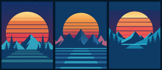 three mountain landscapes at sunset grunge retro background