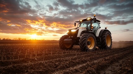 Obraz premium High-tech farming tractor with smart technology at work in a remote field under the moonlight