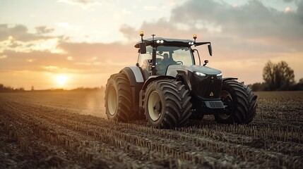 High-tech autonomous tractor plowing fields under a pink sunrise, the future of agriculture