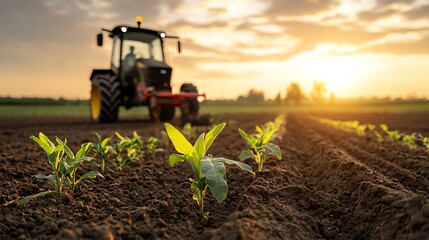 High-tech seed drill working seamlessly under a vibrant sunset, mixing nature and technology