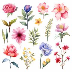 Beautiful Watercolor Flower Clipart Set on White Background