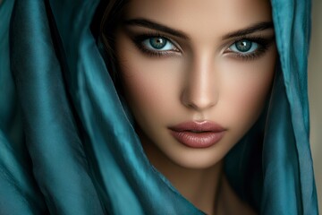 Fototapeta premium Close-up Portrait of a Woman with Blue Eyes and a Teal Scarf