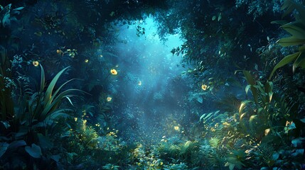 Obraz premium A mystical forest scene illuminated by soft blue light, filled with lush greenery and twinkling fireflies, creating an enchanting atmosphere.