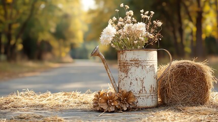Old, weathered watering can sitting atop a stack of hay bales, vintage charm and nostalgia