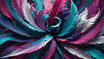 Colorful swirling abstract feathers pattern in a black background