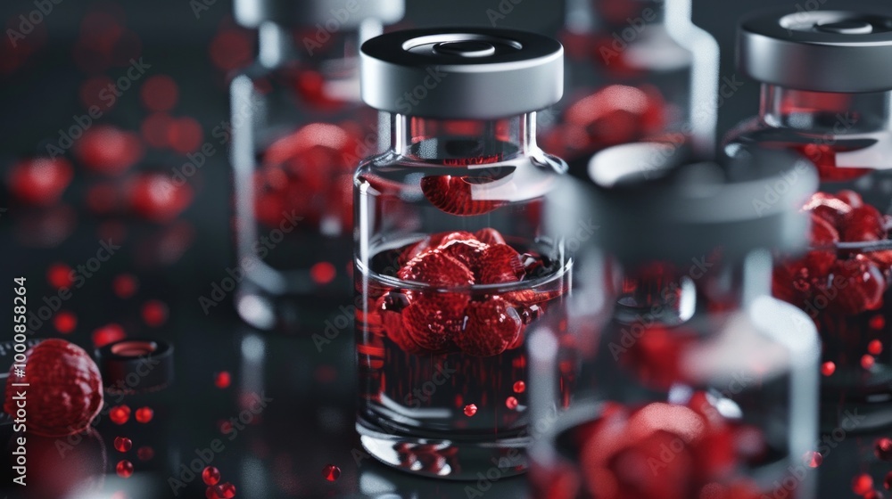 Poster a close up of a bottle of red berries with a label on it