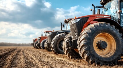 Fototapeta premium Row of freshly painted tractors, each a different color, lined up under a blue sky