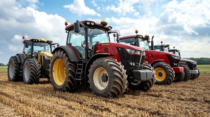 Obraz premium Row of freshly painted tractors, each a different color, lined up under a blue sky