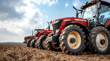 Obraz premium Row of freshly painted tractors, each a different color, lined up under a blue sky
