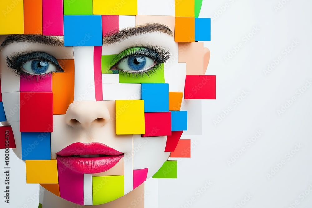Poster woman's face is made up of colorful blocks. the blocks are arranged in a way that they resemble a mo