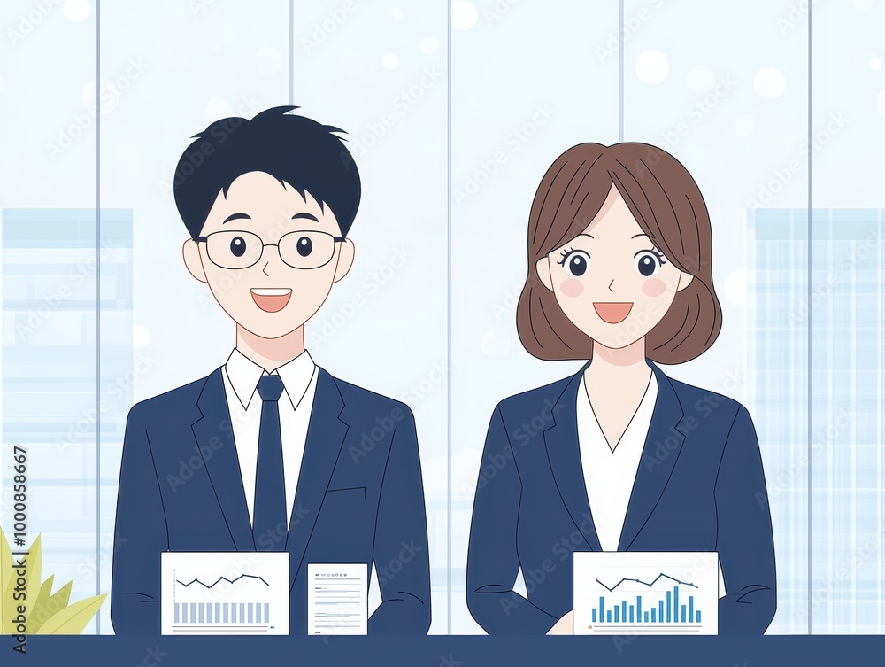 Poster cheerful business team with charts and graphs