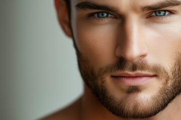 Obraz premium Close-up of a man's face showcasing strong jawline and striking blue eyes in natural lighting