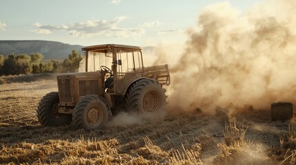 Naklejka premium Vintage hay baler in motion, capturing movement and dust in the air