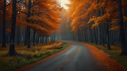 Panoramic autumn landscape with forest road. Fall nature background Generative AI

