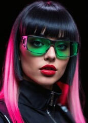 Fototapeta premium bold cyberpunk-inspired portrait featuring a woman with striking pink and black hair, futuristic glasses with green lenses, and neon lights casting vibrant reflections
