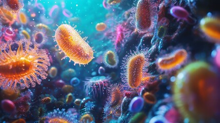 Immersive 3D Render of Vibrant Microscopic Marine Plankton Ecosystem