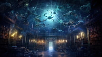 Obraz premium Ethereal Creatures Hovering Above a Dusty, Candlelit Library