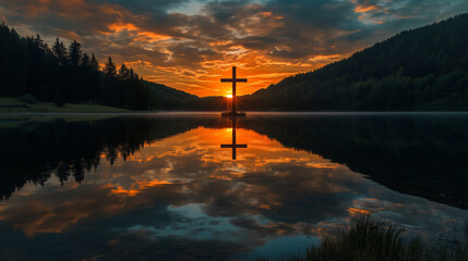 Cross symbol of God Jesus Christ against a beautiful sunset by the lake Christianity and religion in nature, showcasing holy landscapes with scenic views and peaceful water under sky
