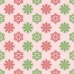 Red Green color of snowflake pattern, Christmas ormanent seamless pattern. Snowflakes Christmas background design for decoration on X'mas seasoning, web, wrapping, wallpaper, textile, fashion.