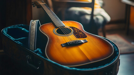 Naklejka premium Guitar placed in a vintage leather case, designed to protect the musical instrument during travel, carrying the sound of folk, rock, and acoustic music, art and performance in a single, classic object
