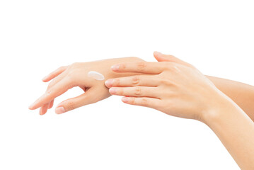 Woman hand applying cosmetic cream on her finger on background.
