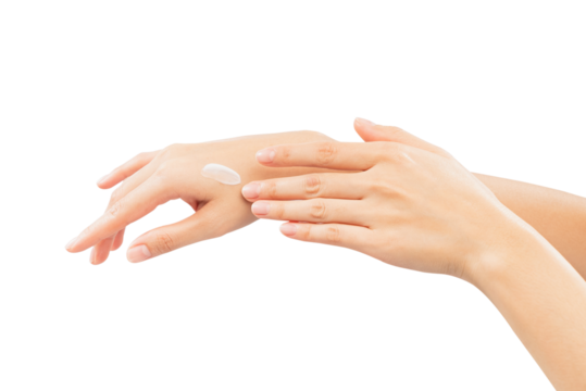Woman hand applying cosmetic cream on her finger on background.