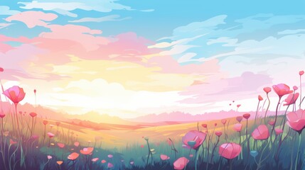 A Field of Pink Flowers Against a Colorful Sunset Sky