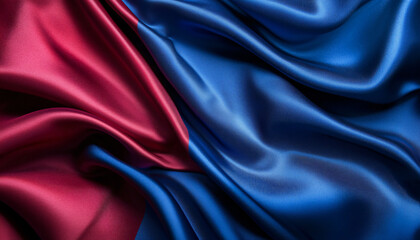 Obraz premium Close-up of flowing, luxurious silk fabric in rich colors like deep red or royal blue, creating a smooth and elegant texture