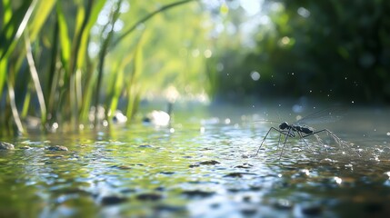 Fototapeta premium Natural Beauty in Motion: 3D Render of Tiny Water Strider Gliding on Pond Surface