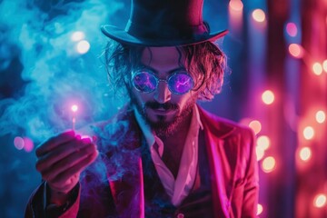 A Man in a Top Hat, Sunglasses, and Red Jacket, Holding a Sparkler with Smoke in a Purple and Blue Lit Room